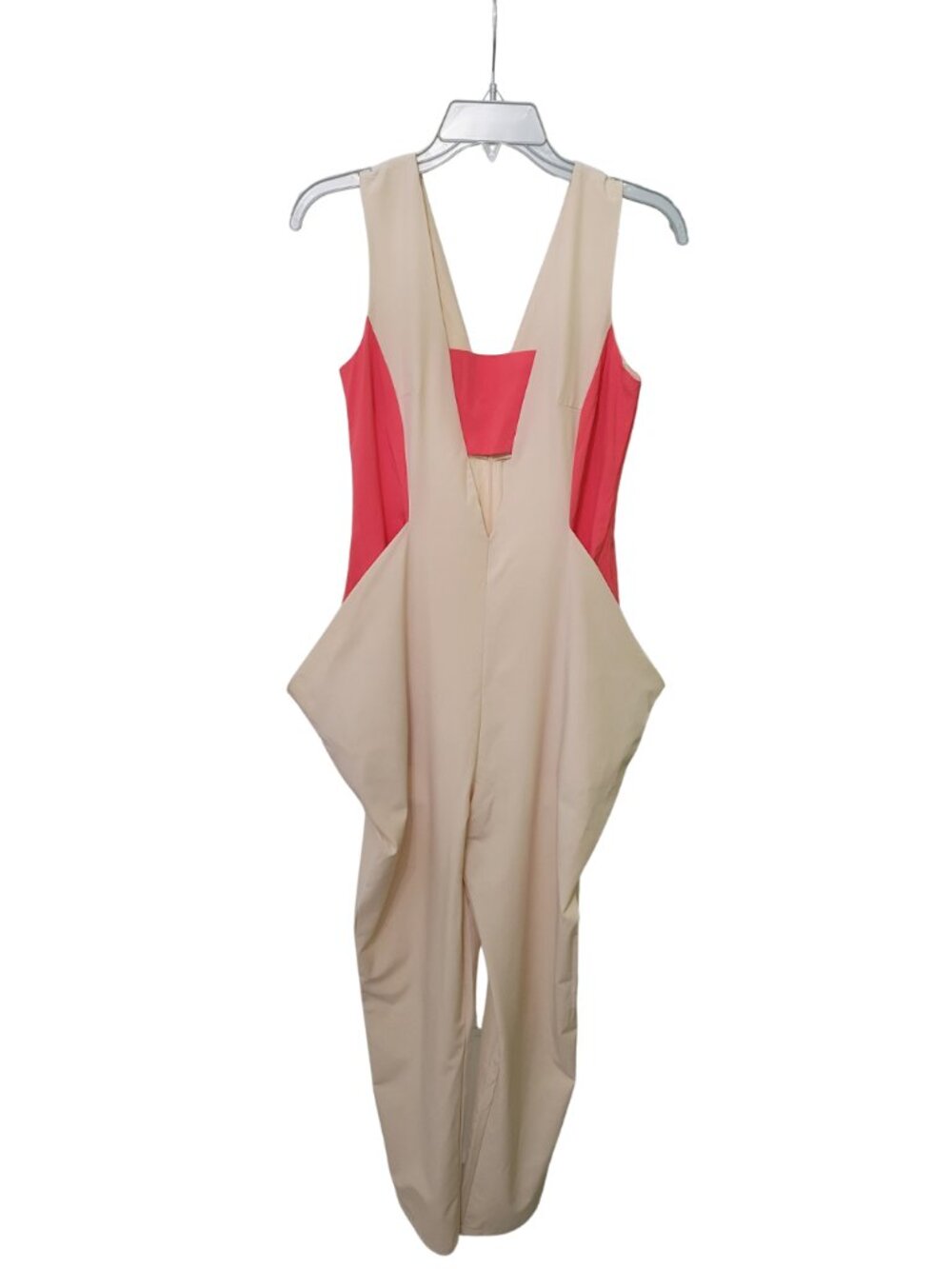 Colorblock Plunging V-Neck Jumpsuit with Drape/Peg Pockets - Medium